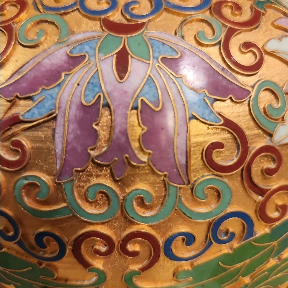 Hand-Painted Floral Cloisonné Ginger Jar - Gold and Green